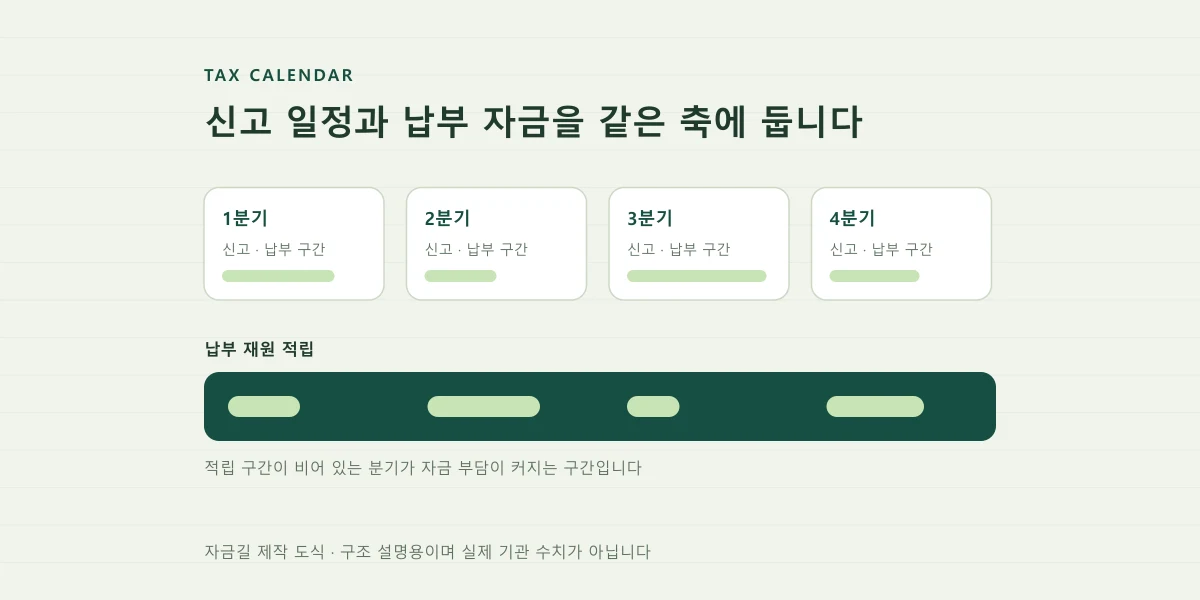 분기별 신고 일정과 납부 자금 적립을 나란히 배치한 자금길 제작 도식